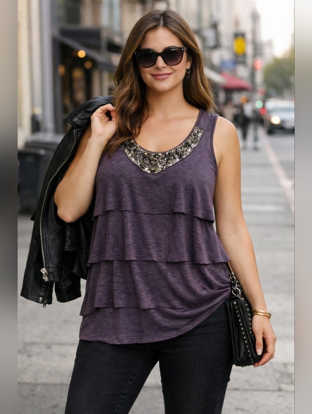Lavish Women's Embellished Top Tank Tiered Flowy Sequins Rich Gray Color Medium